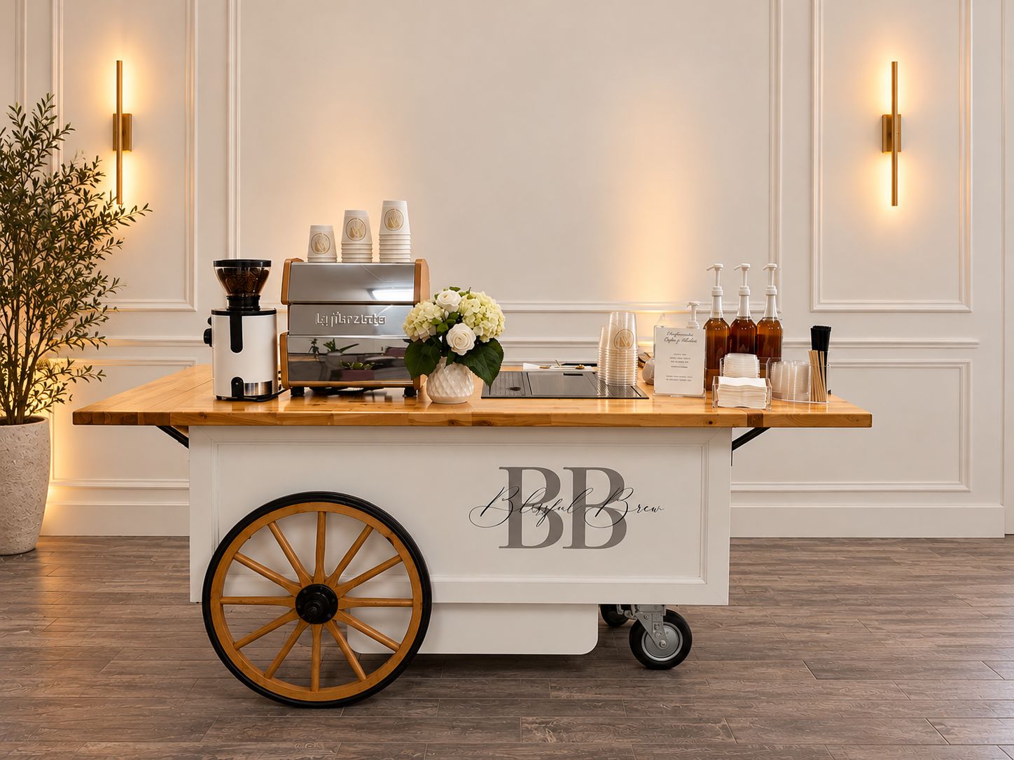 The Blissful Brew coffee cart set up in a ballroom